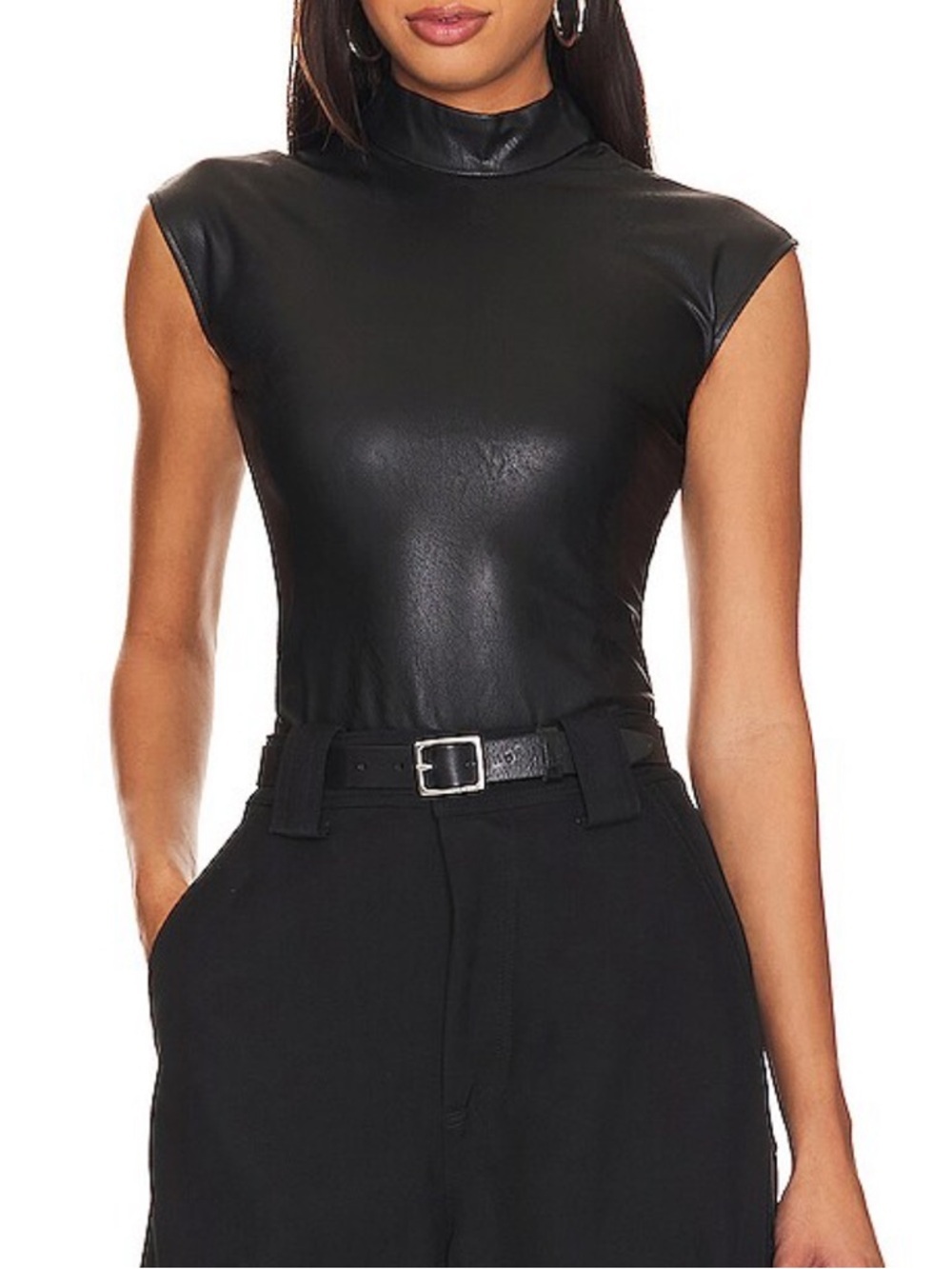 SPANX Black Mock Neck Bodycon Faux Leather Thong Bodysuit Going Out Size XS